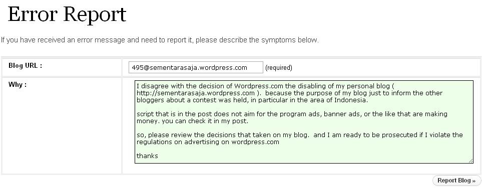 pesan kepada wordpress pesanyangsayakirimkewordpress Blog Wordpress Saya Terblokir Karena Script